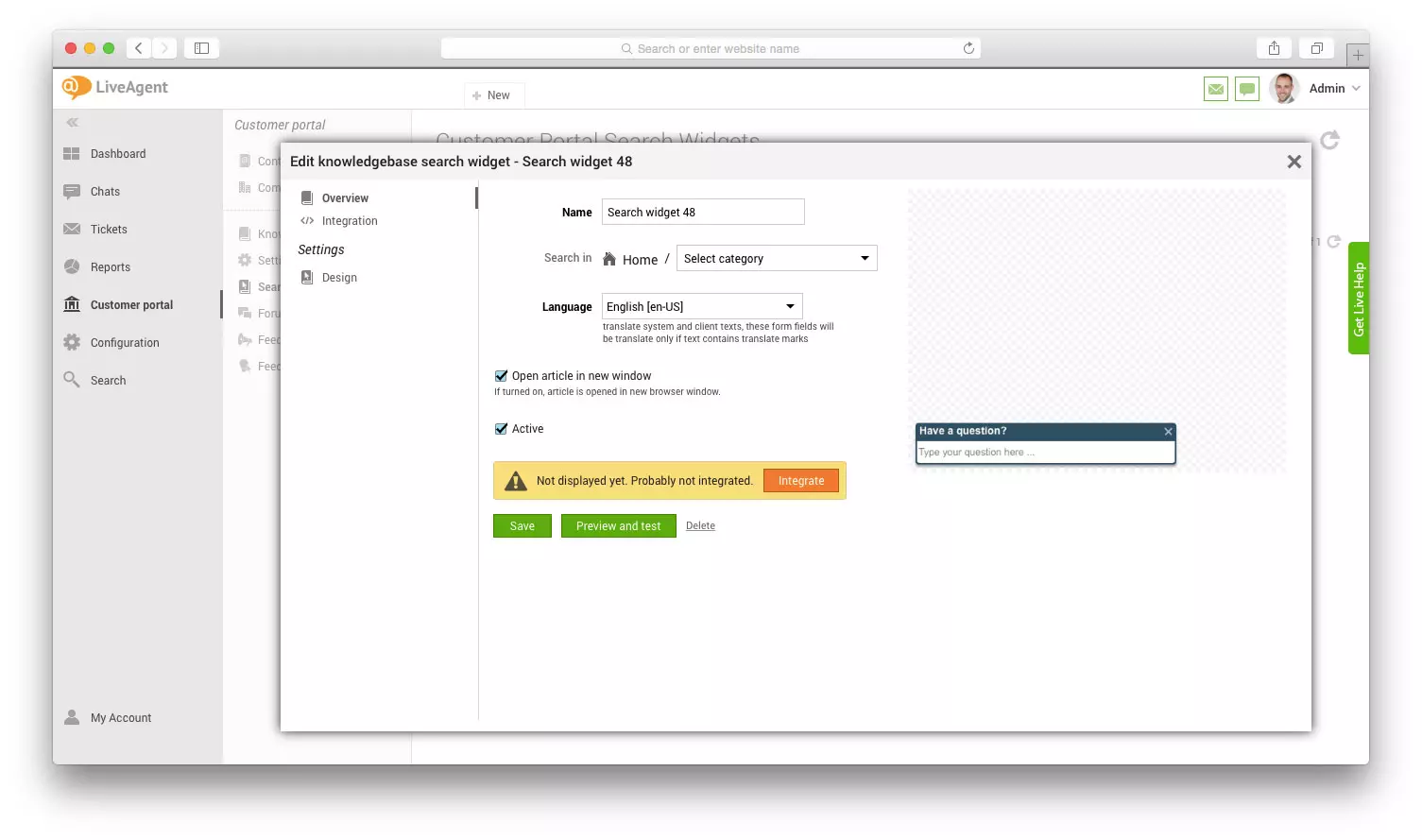 Bewerk knowledge base zoekwidget in LiveAgent
