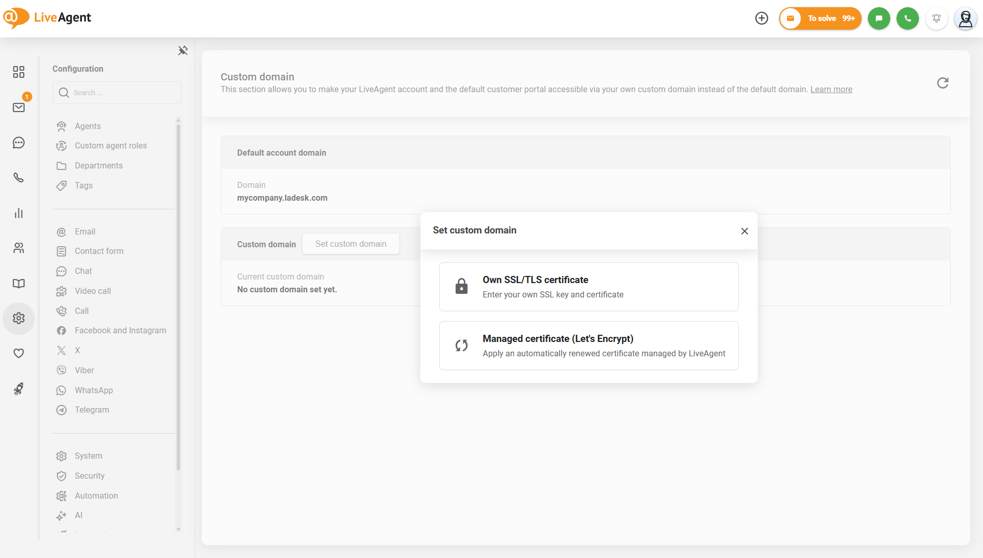 LiveAgent aangepaste domeininstellingen met Let's Encrypt beheerde certificaatoptie
