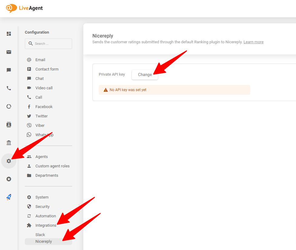 De afbeelding toont waar je de gegenereerde API-sleutel in je LiveAgent-account moet plaatsen