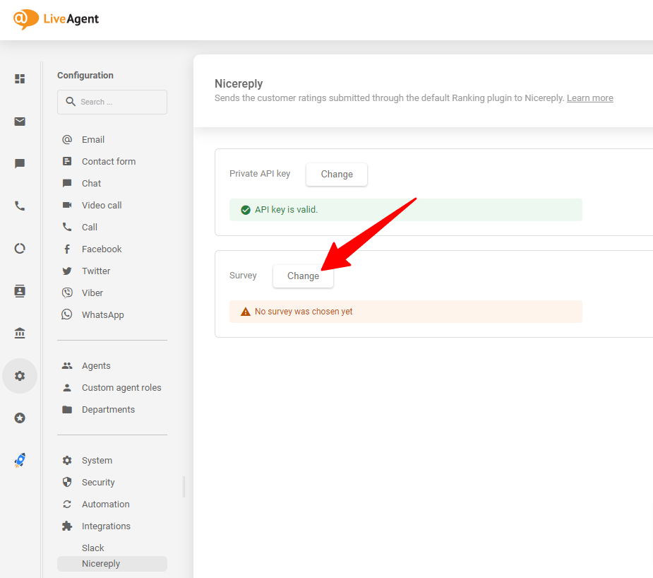 Kies de Nicereply-enquête die je wilt gebruiken nadat je de API-sleutel in je LiveAgent hebt geplakt