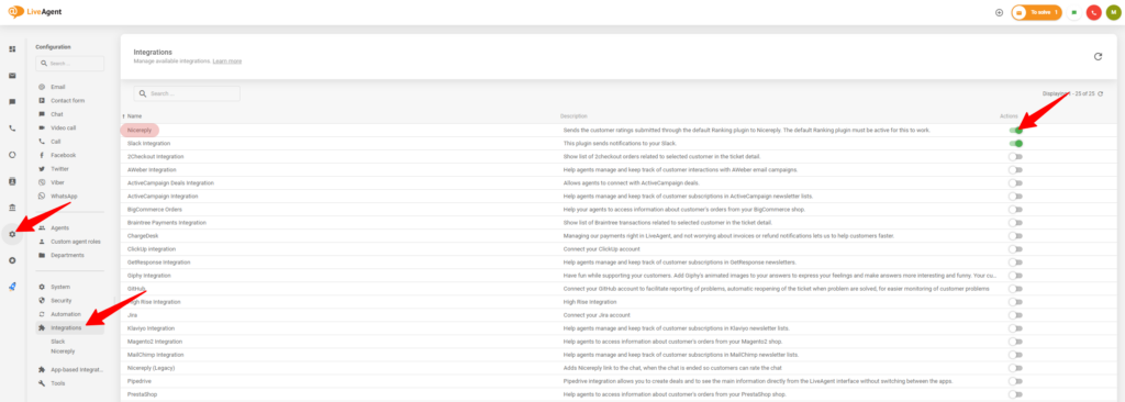 Het proces van het inschakelen van de integratie met Nicereply in de LiveAgent-instellingen