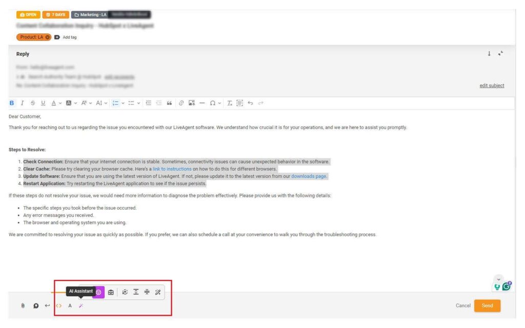 LiveAgent's AI antwoordassistent