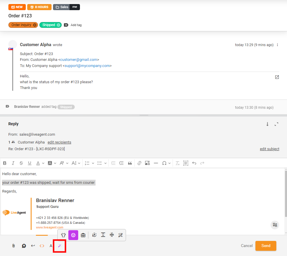 Screenshot van de AI Answer Assistant-knop in de chatweergave