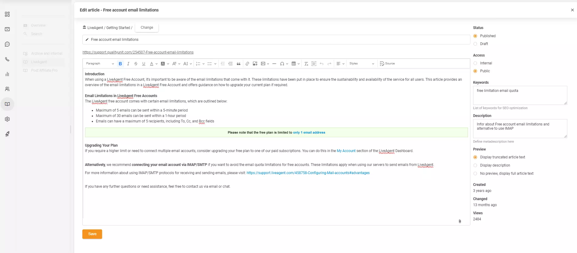Artikeleditor in LiveAgent