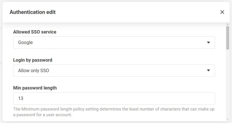 Verificatie-instellingenscherm met optie om alleen SSO toe te staan in de sectie wachtwoordaanmelding