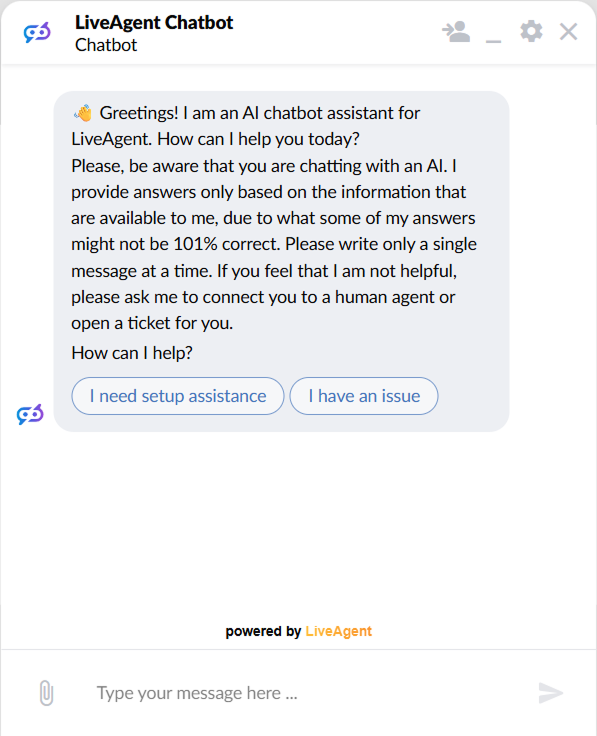 LiveAgent-chatvenster met een AI-chatbotbegroeting en twee aanklikbare antwoordknoppen voor installatiehulp en het melden van een probleem