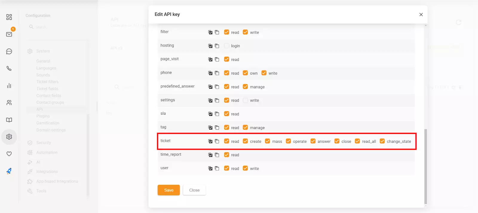 De sectie API-sleutel bewerken in LiveAgent met de nieuwe machtigingen 'close' en 'change_state'