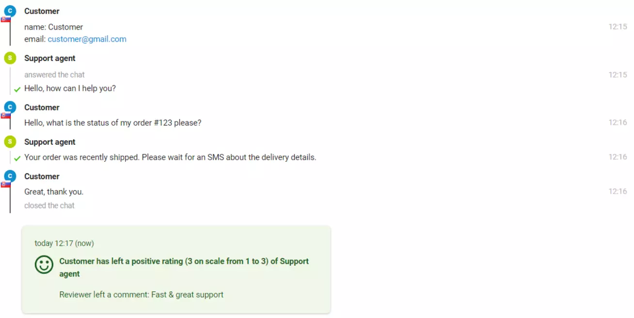 Een afbeelding van een chat met een klant die een positieve beoordeling heeft achtergelaten.