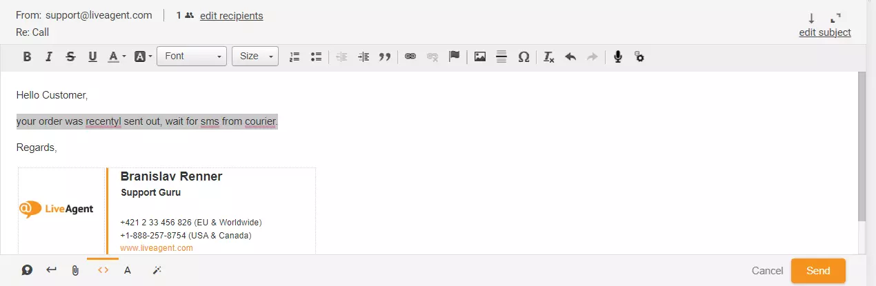 Afbeelding met gemarkeerd antwoord op ticket in LiveAgent