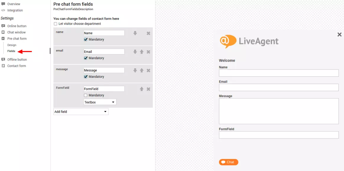 Afbeelding met de veldinstellingen van pre-chat in LiveAgent live chatsoftware.