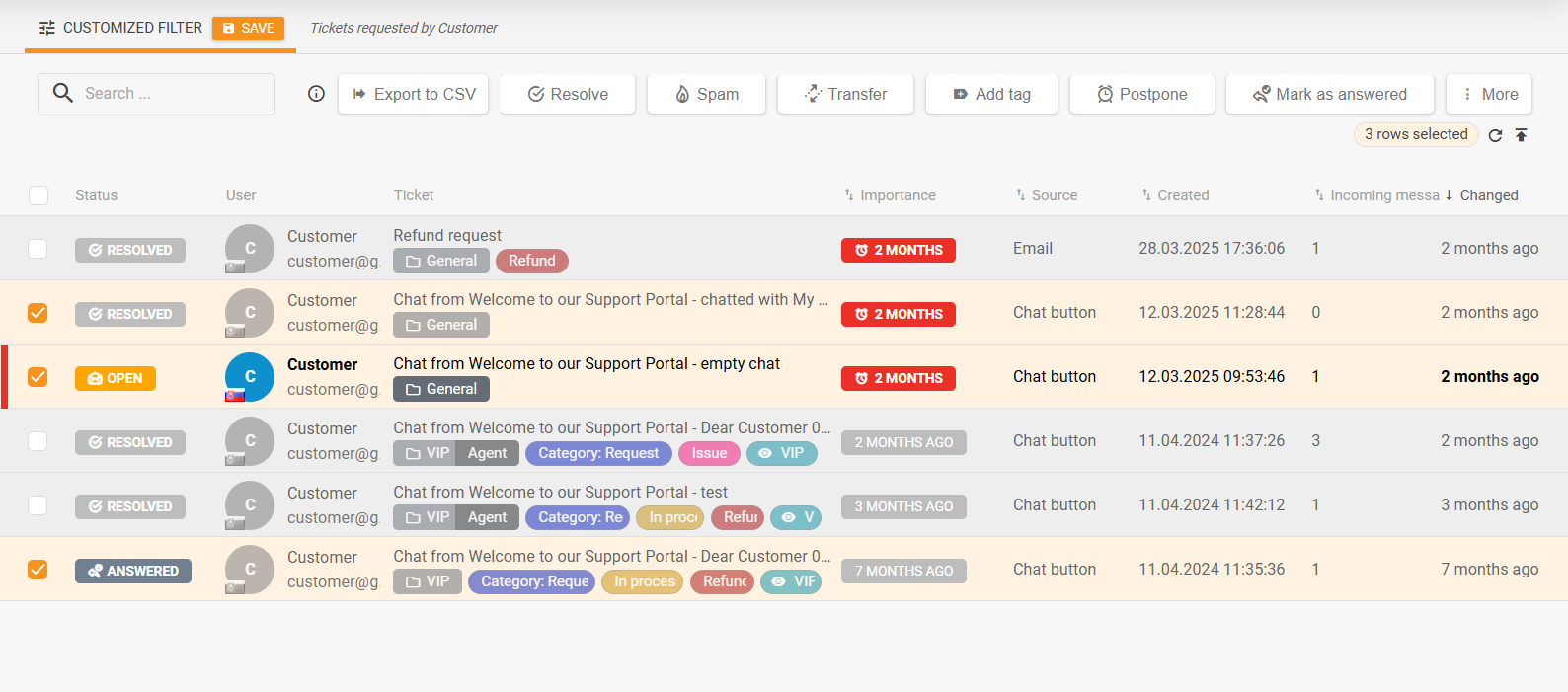 Opnieuw ontworpen massaactiepaneel in de ticketlijst met geïntegreerde meest gebruikte ticketacties