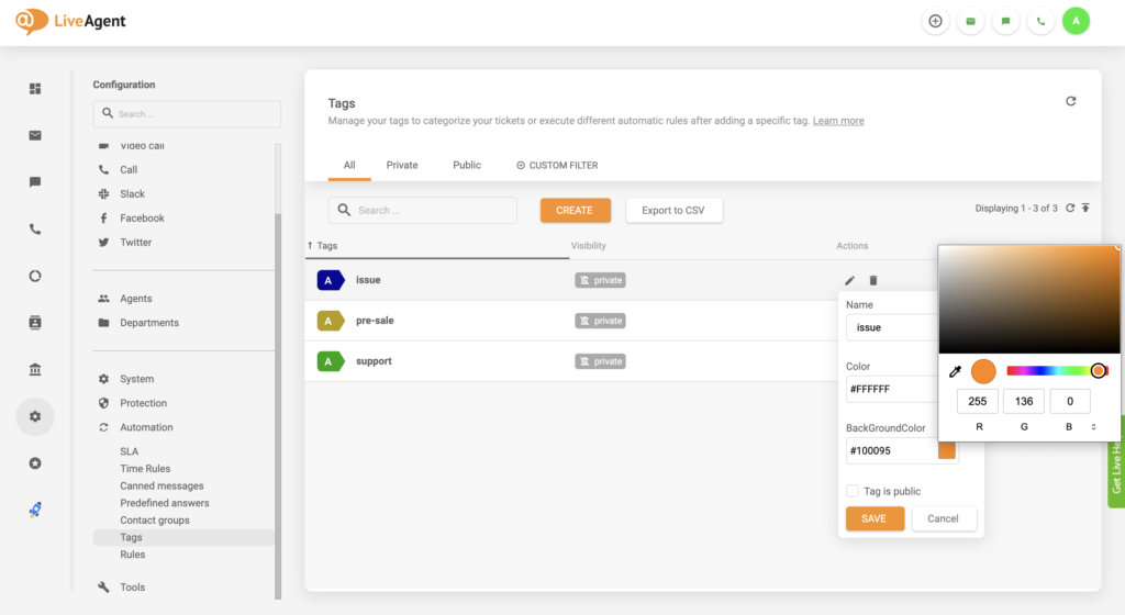 Update van tagkleurwijzigingsinstelling in LiveAgent