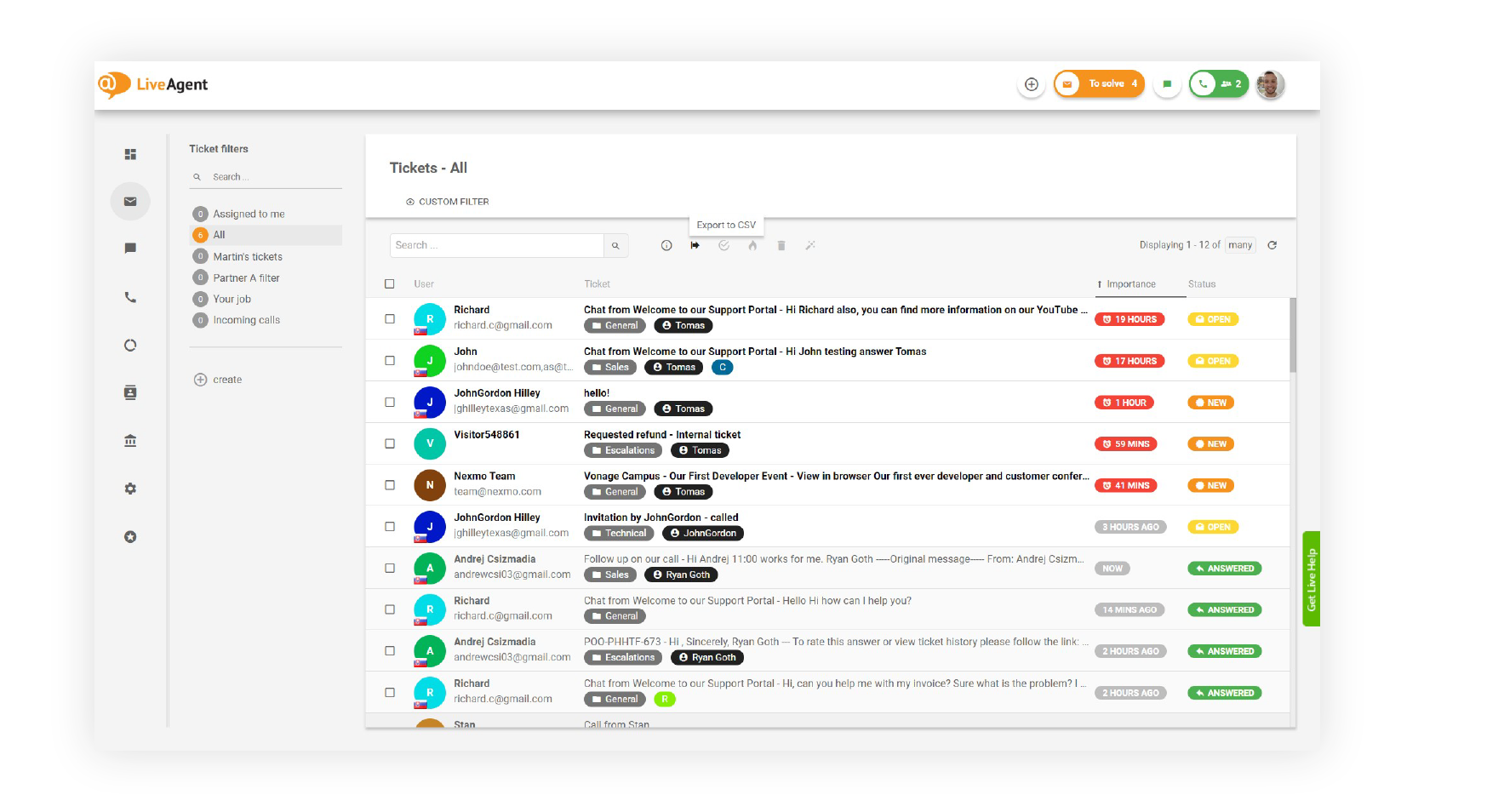 LiveAgent universele inbox - agentweergave van inkomende tickets van e-mail en chat