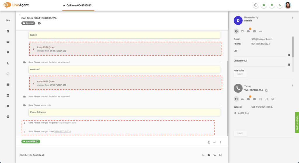 Samengevoegde ticketthread in LiveAgent