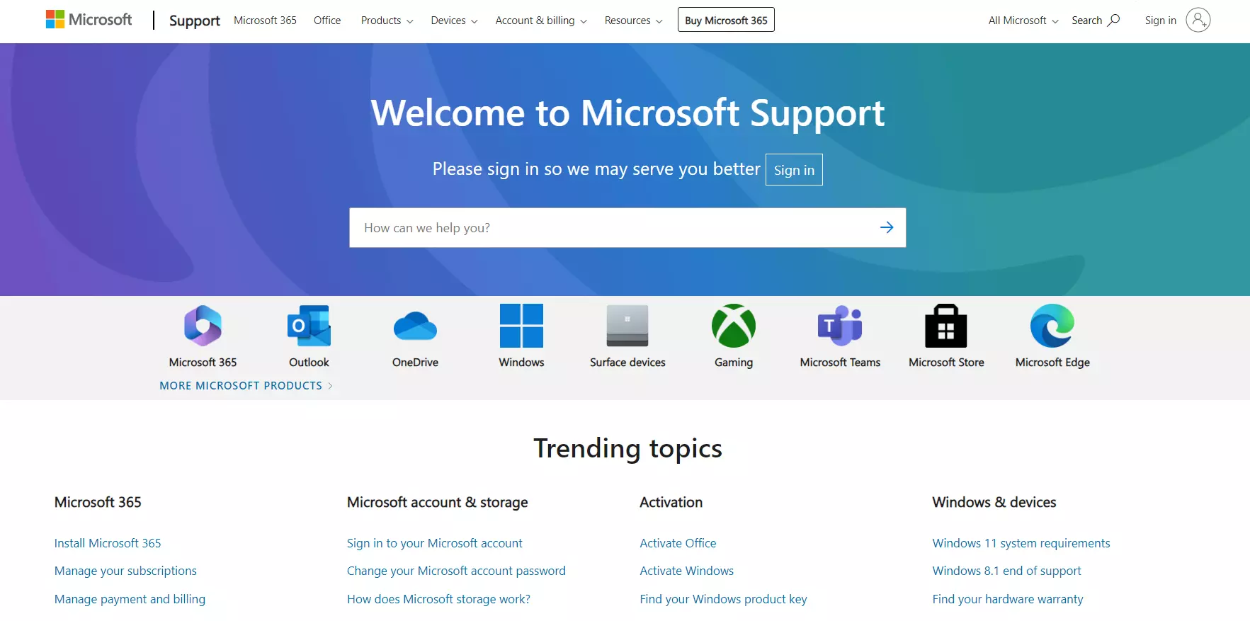 Microsoft supportcentrum