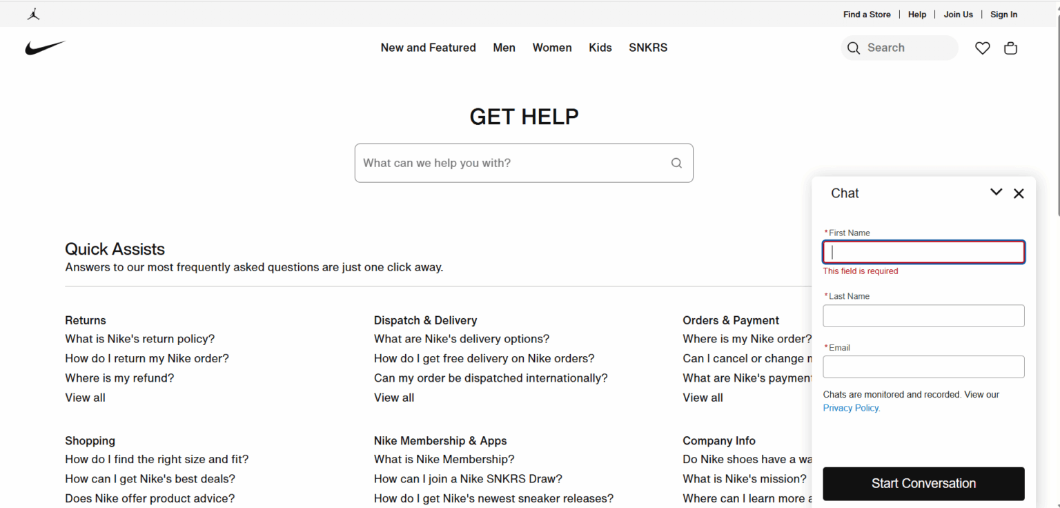 AI Chatbot op de website van Nike