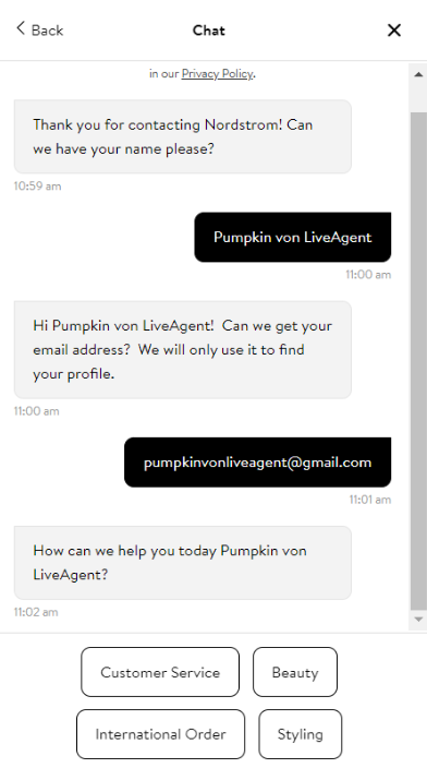 Nordstrom chatbotfunctie