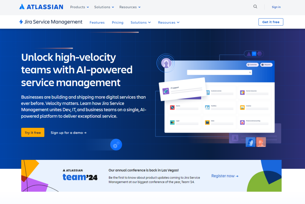 Jira Service Management homepage, een Help Scout-alternatief voor help desk-software