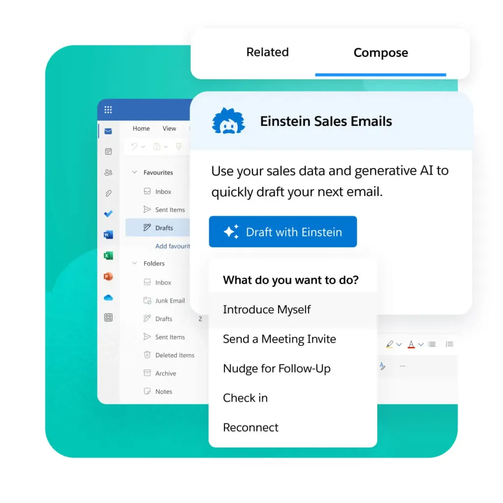 Salesforce Einstein Sales Emails-interface met AI-ondersteunde e-mailopstelopties.