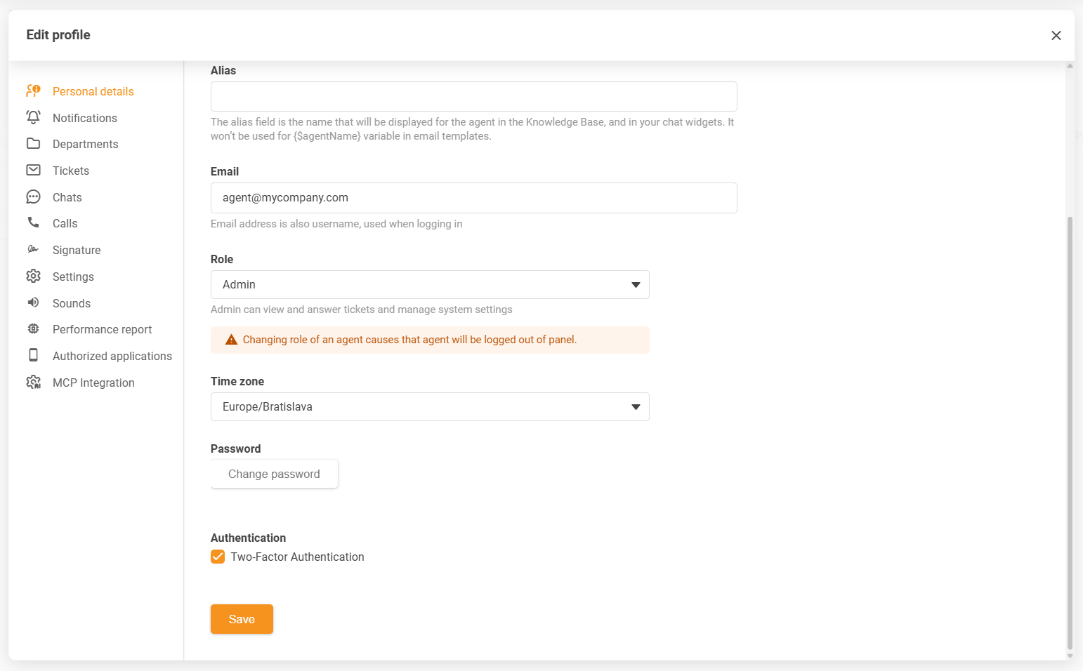 LiveAgent agentprofiel tijdzone-instellingen