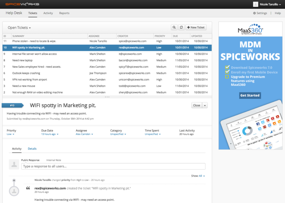 Spiceworks Cloud Help Desk gratis abonnement - ticketwachtrij met status- en toewijzingskolommen