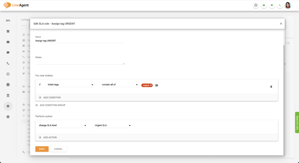 Urgente SLA-regel aanmaken in LiveAgent