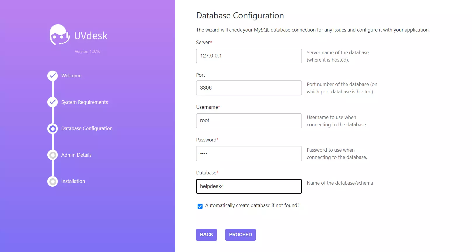 Een voorbeeld van UVdesk's installatiewizard