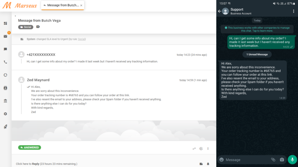 WhatsApp-bericht weergegeven als ticket in LiveAgent