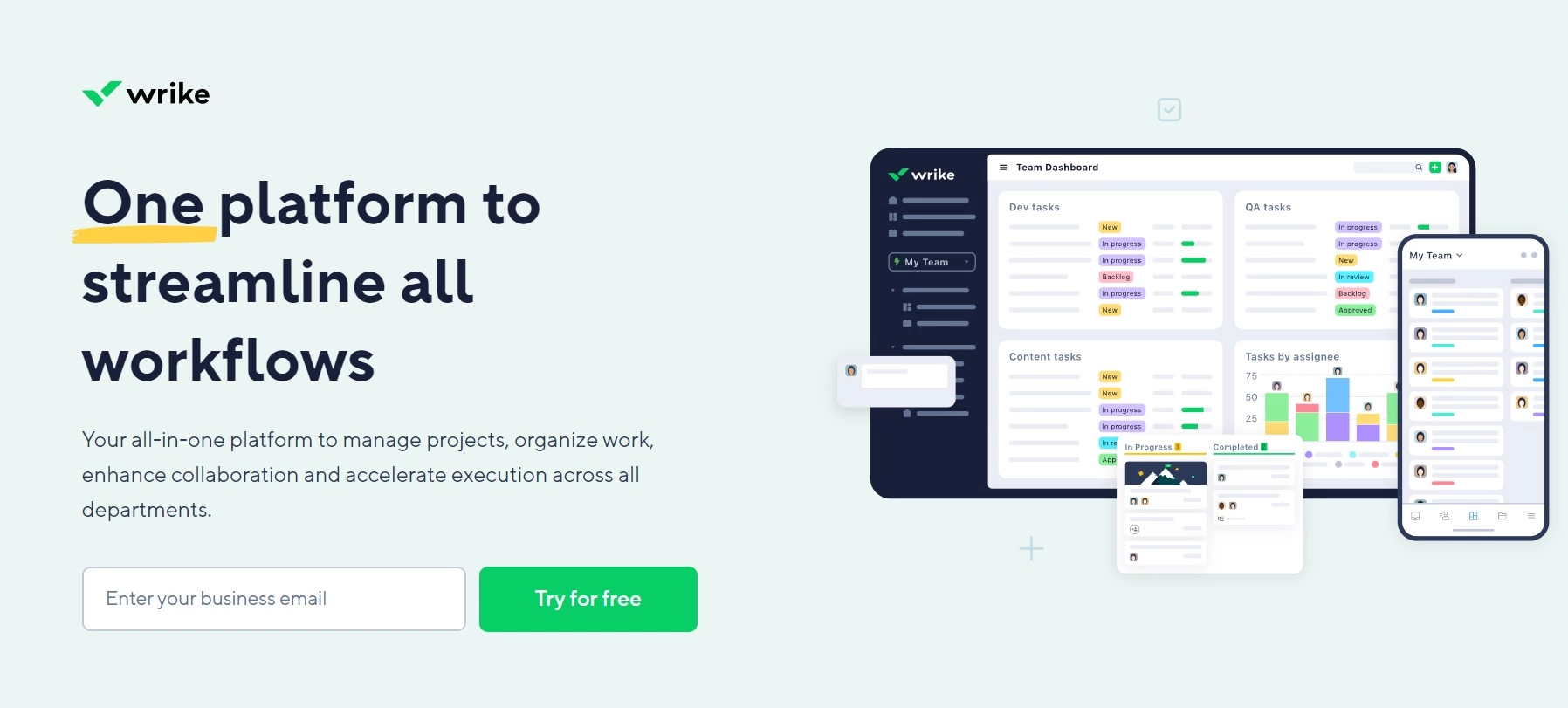 Wrike's startpagina - een alles-in-één platform voor het beheren van projecten, het indelen van werk en het verbeteren van samenwerking in alle afdelingen.