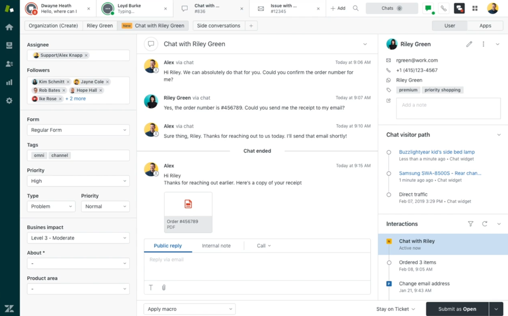 Zendesk-medewerkerswerkruimte met een uniform chatgesprek met klantprofiel en interactiegeschiedenis in 2026