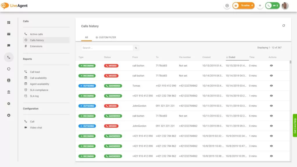 Overzicht van de callcenterinterface in LiveAgent.