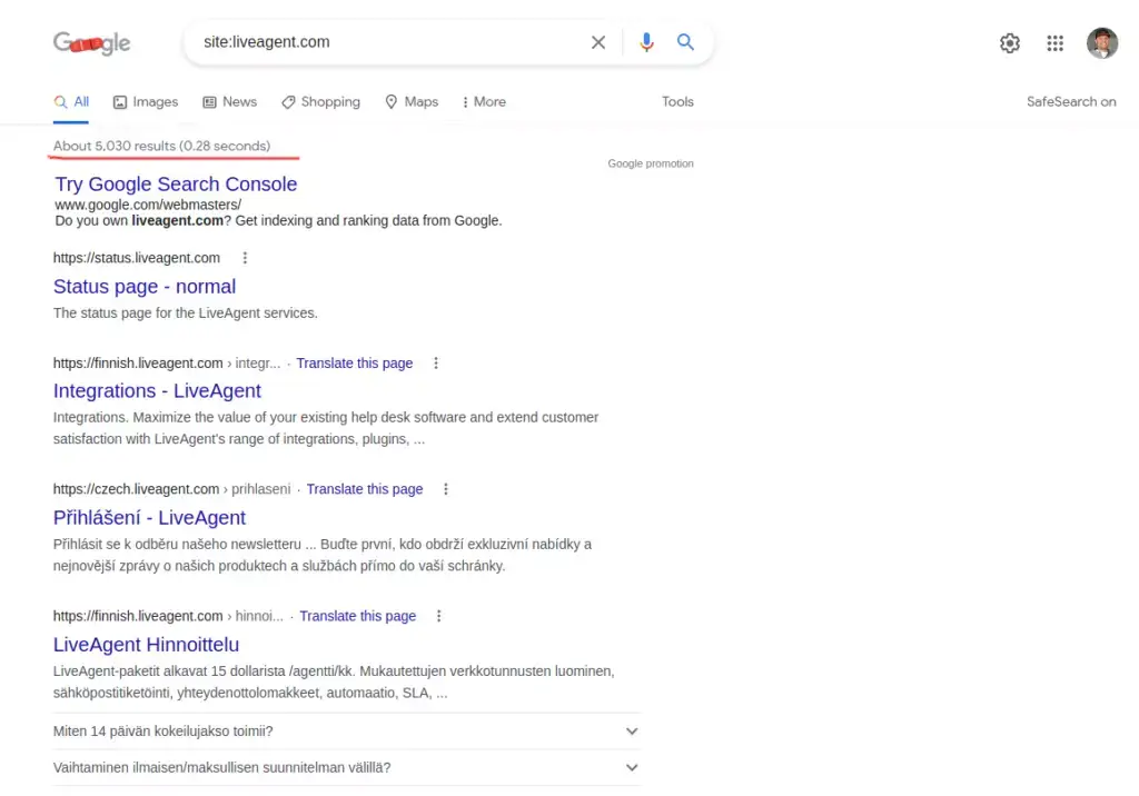 Identify pages indexed by Google Search