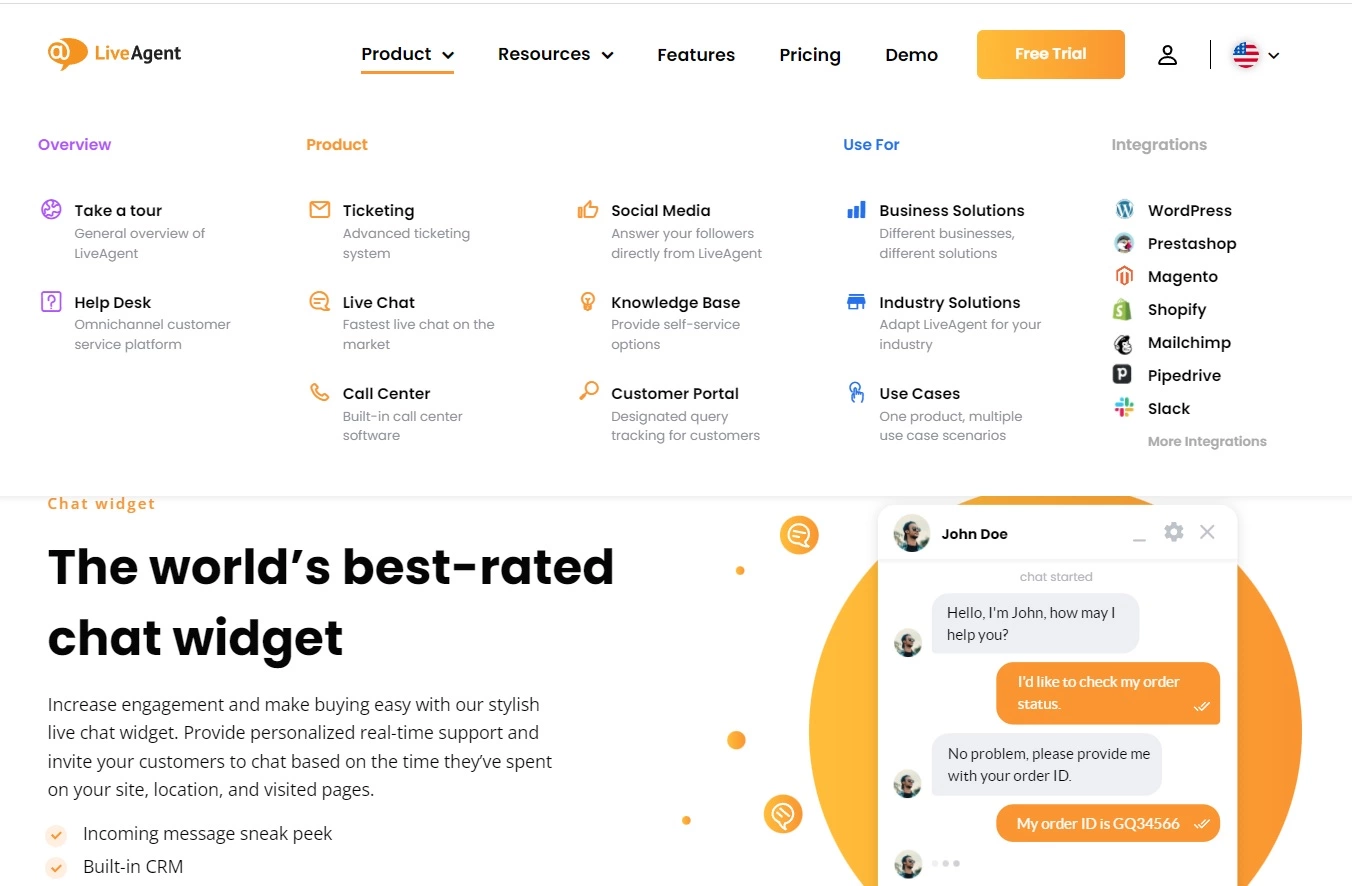 LiveAgent's product navigatie