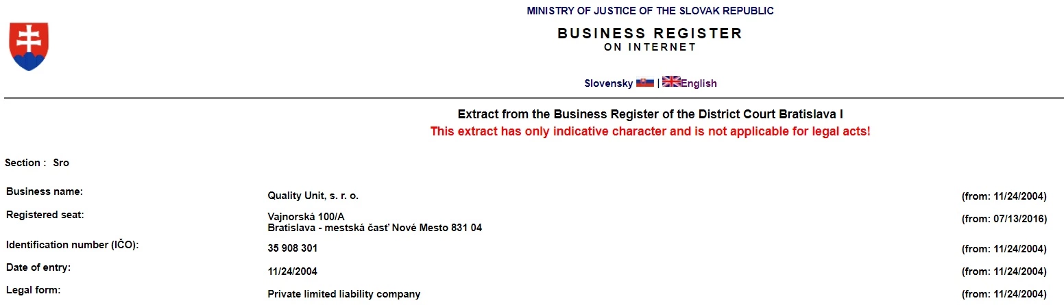 Quality Unit - Extract from the Business Register of the District Court Bratislava I
