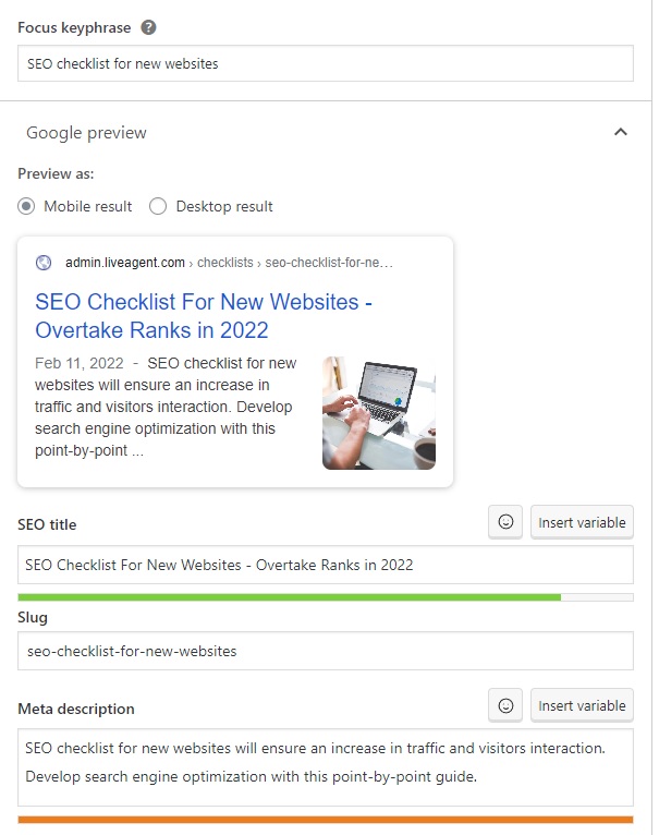 LiveAgent - voorbeeld van sleutelwoord, SEO-titel en meta-beschrijving