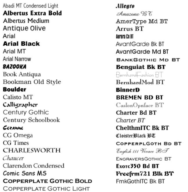 Voorbeeld van lettertypen in MS Word