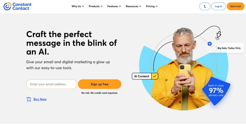 Startpagina van Constant Contact, e-mailmarketing- en beheersoftware