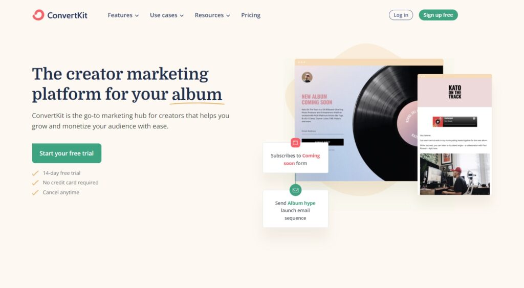 Startpagina van ConvertKit, e-mailbeheersoftware voor makers