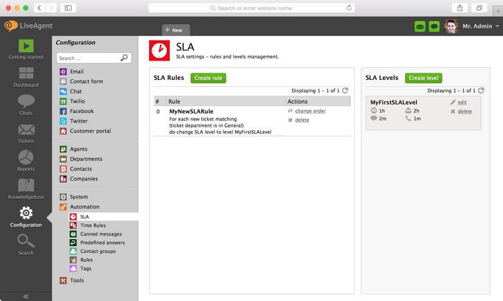 Afbeelding toont waar u SLA-instellingen in LiveAgent kunt vinden
