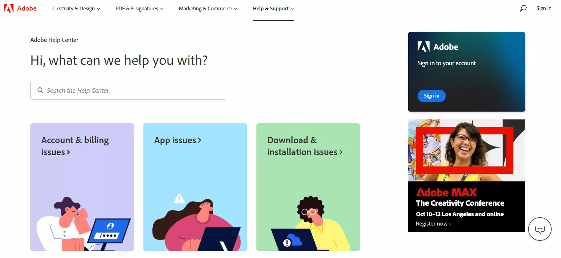 Adobe kennisbasis landingspagina, met hun kennisbeheersysteem.