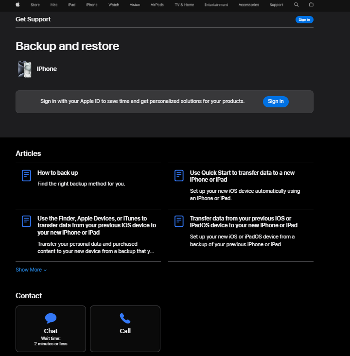 Apple-ondersteuningspagina met hun ondersteuningsopties
