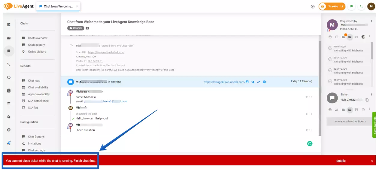LiveAgent - onopgelost chat waarschuwing
