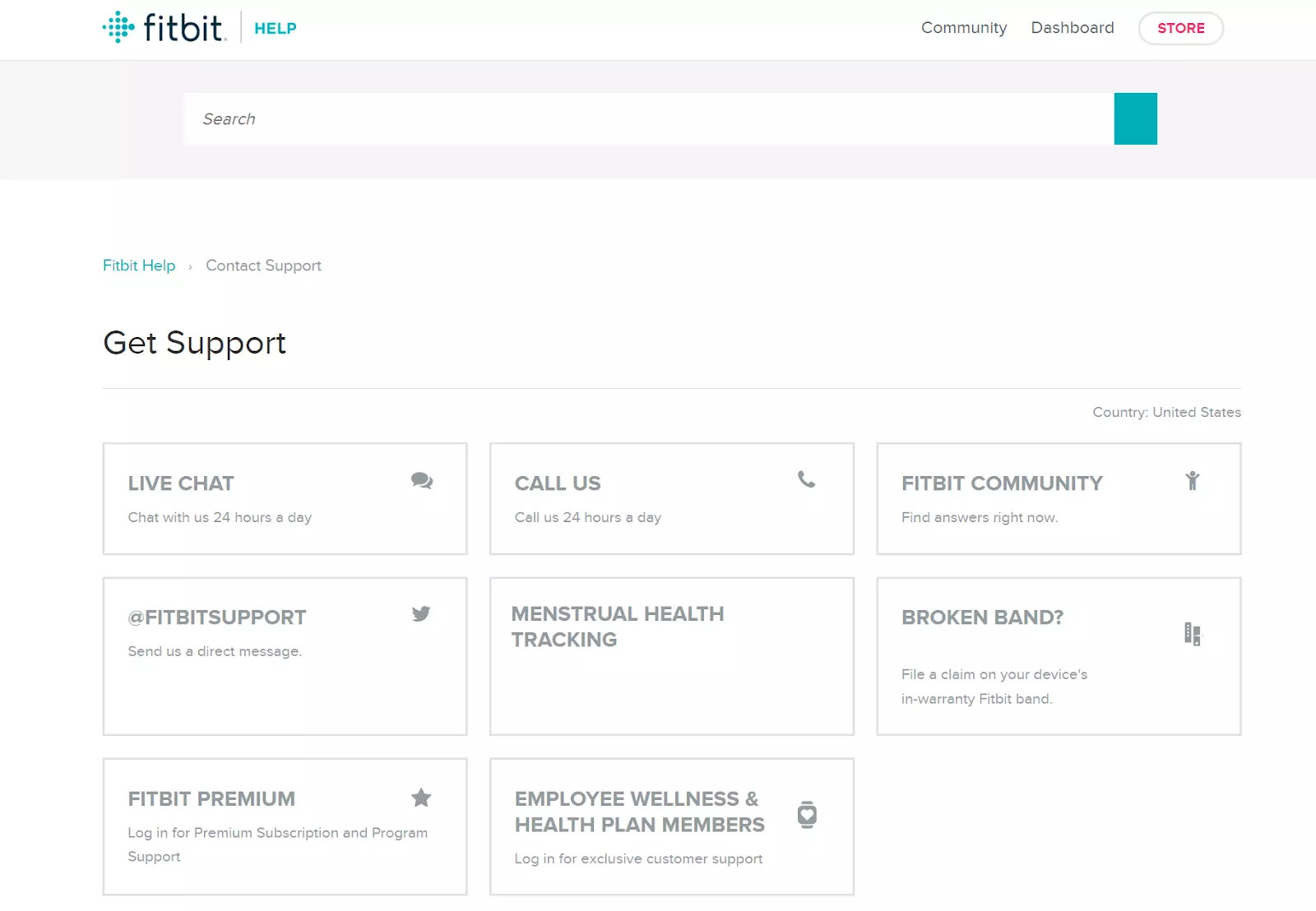 Fitbit Get Support page displaying support options