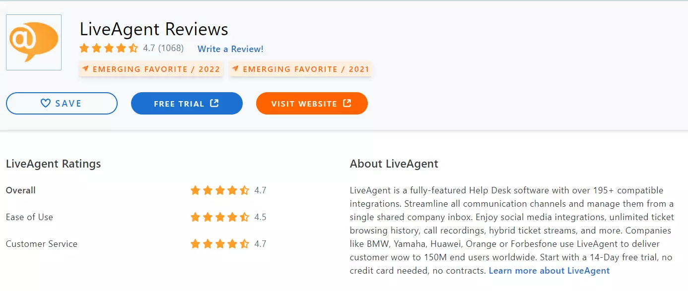 LiveAgent Capterra-review 2022