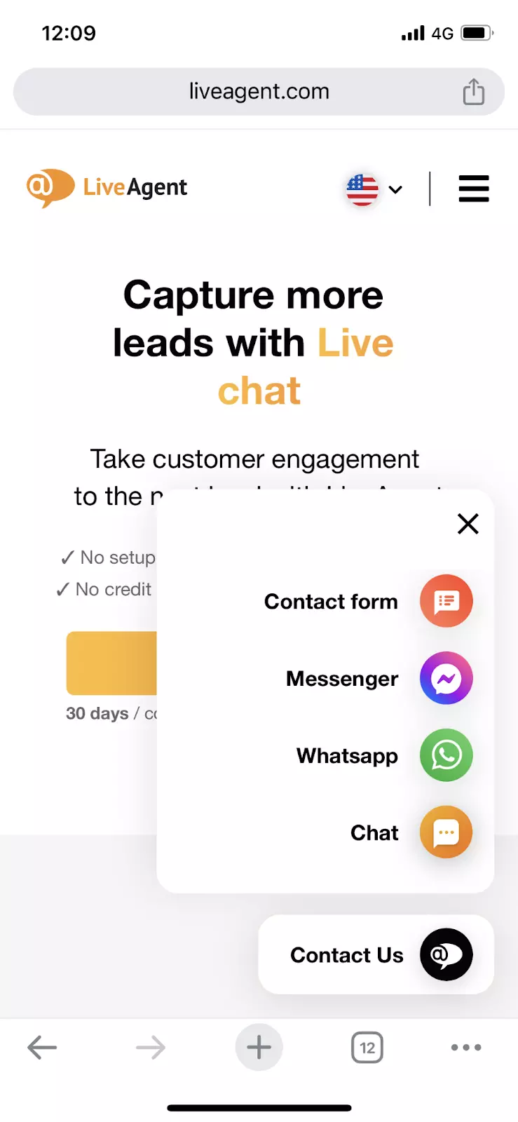 LiveAgent live chat widget on mobile showing multiple channels