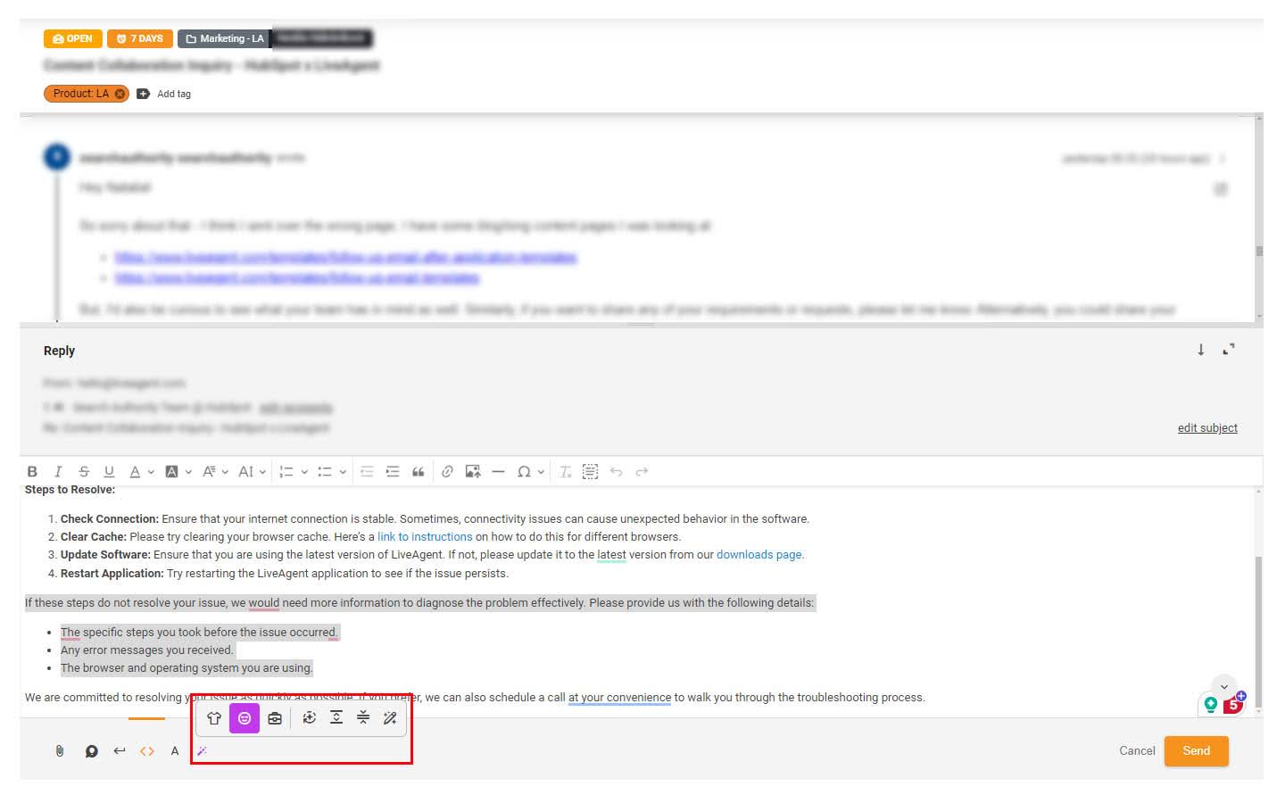 Image of highlighted AI Assistant feature in the support ticket