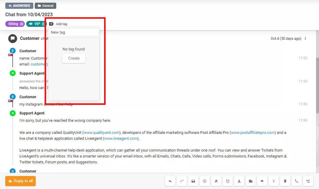 Afbeelding toont hoe u rechtstreeks in een ticket een nieuwe tag maakt