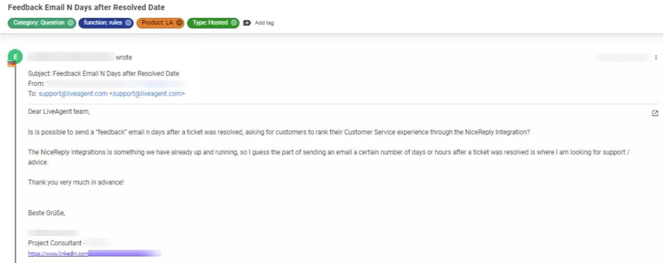 Screenshot van een ticket dat een klantprobleem toont dat als lage prioriteit wordt beschouwd.