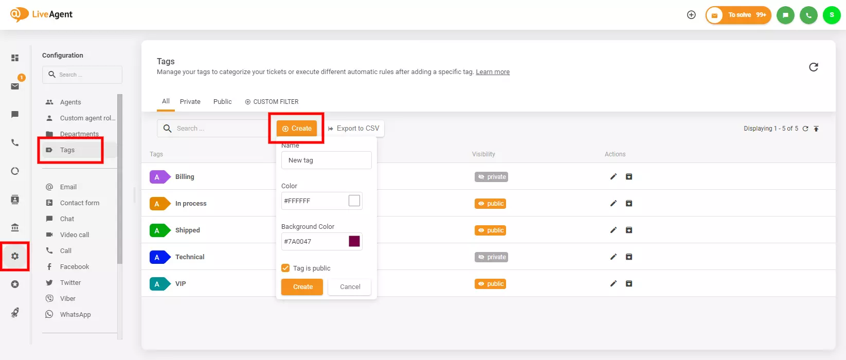 Afbeelding toont waar u tags in LiveAgent kunt vinden en maken