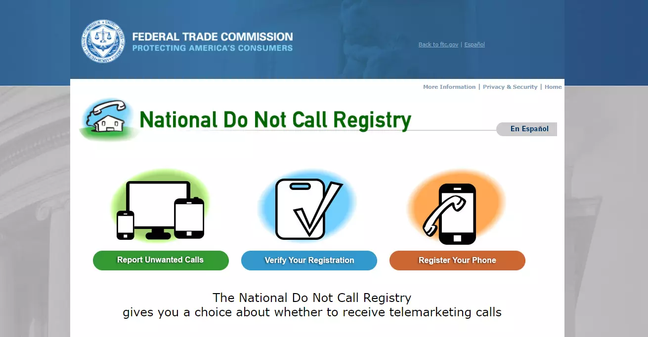 Website van het National Do Not Call Registry